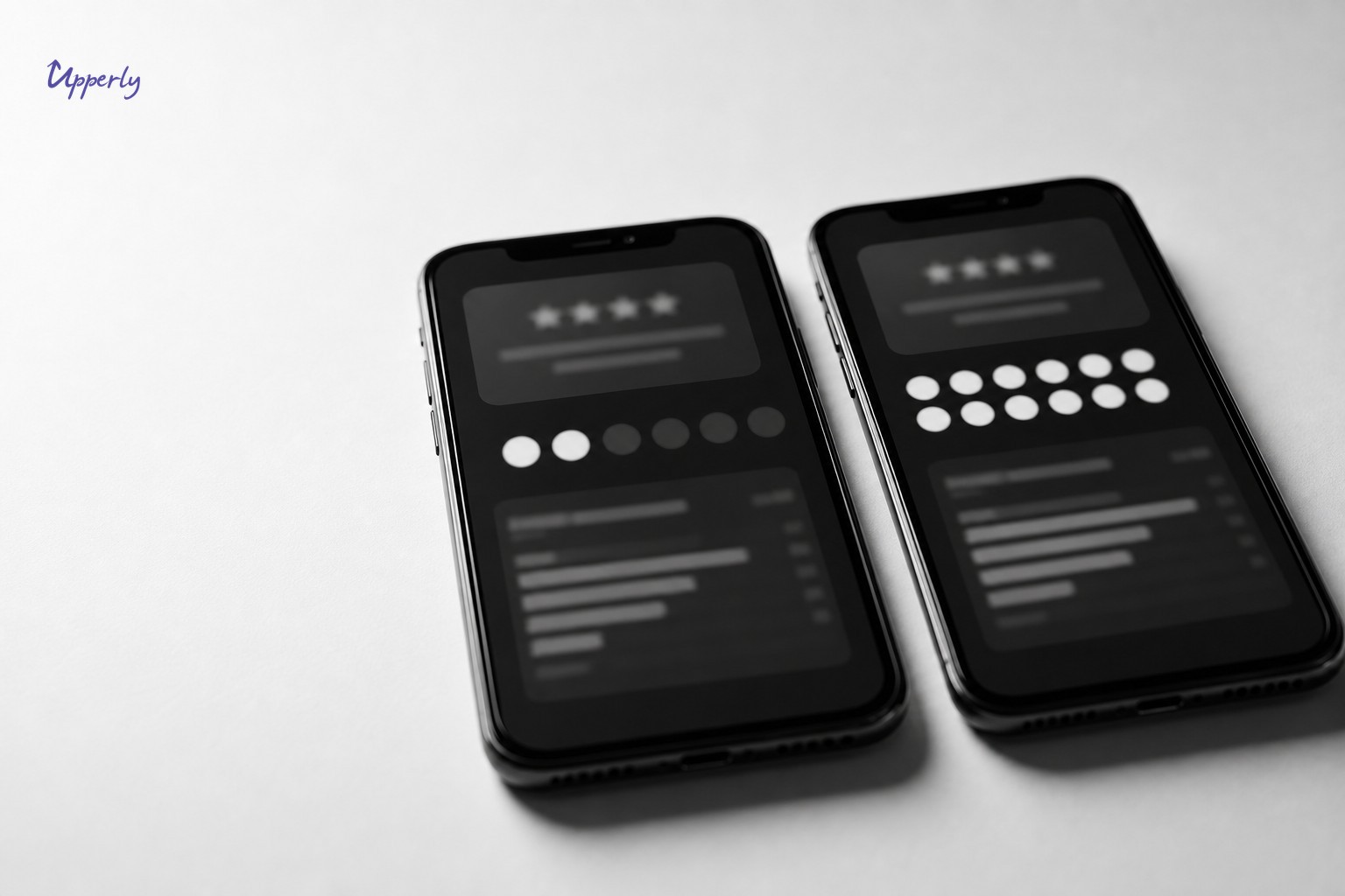 Two smartphones side by side showing blurred review volume comparison, sparse versus dense review indicators