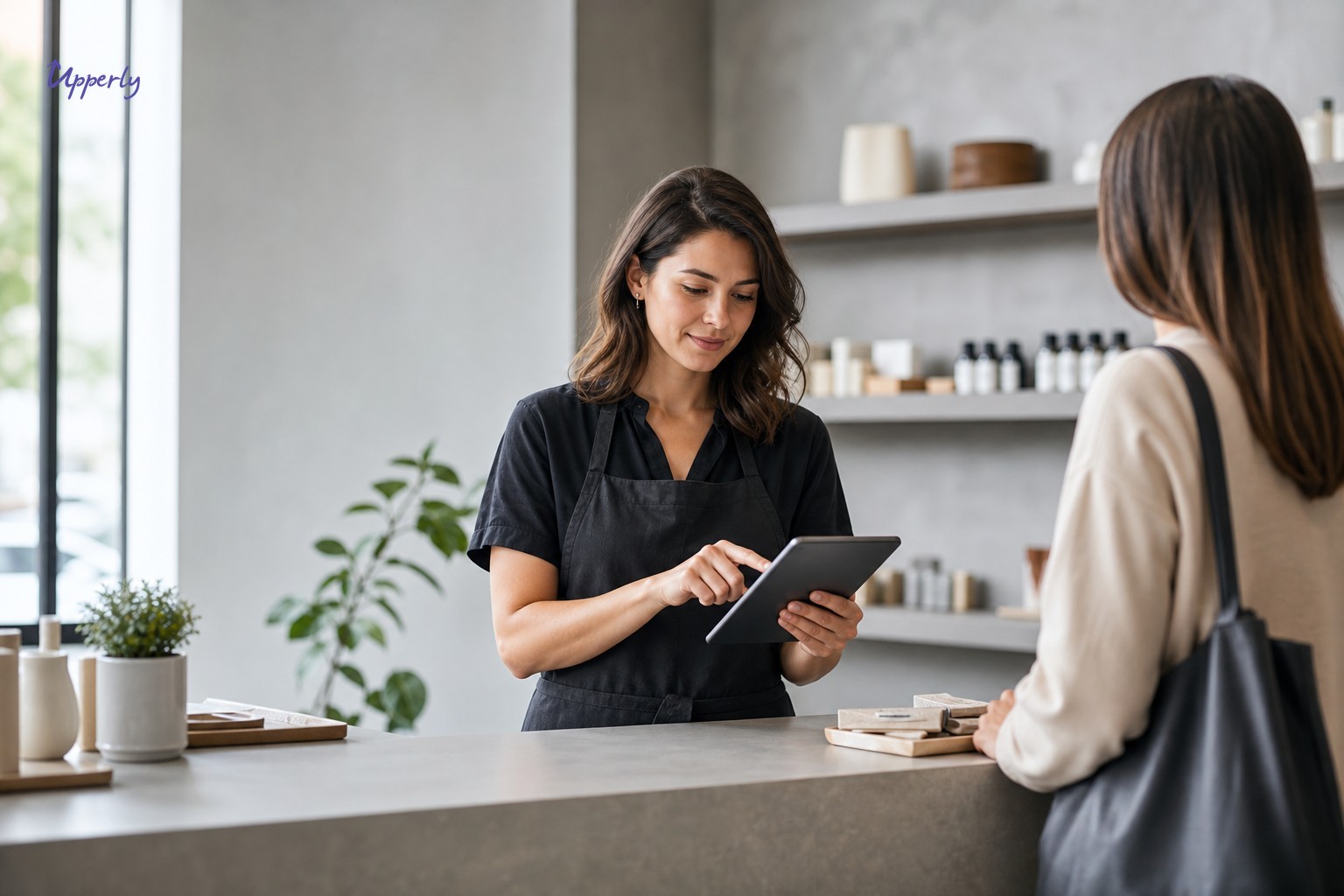 Small business owner using a tablet to send a review request to a customer at a retail counter