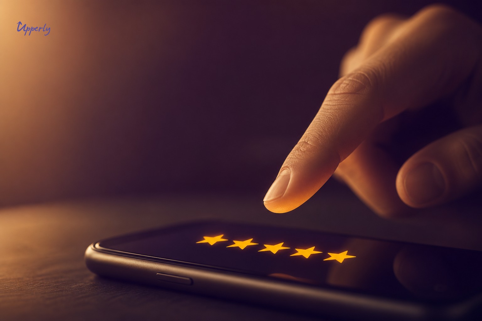 Close-up of hand hovering over five glowing amber star rating icons on a smartphone screen