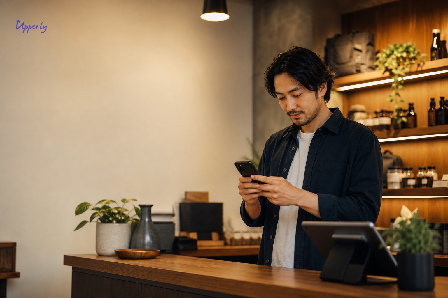 Small business owner composing a customer review request message on a smartphone behind a shop counter