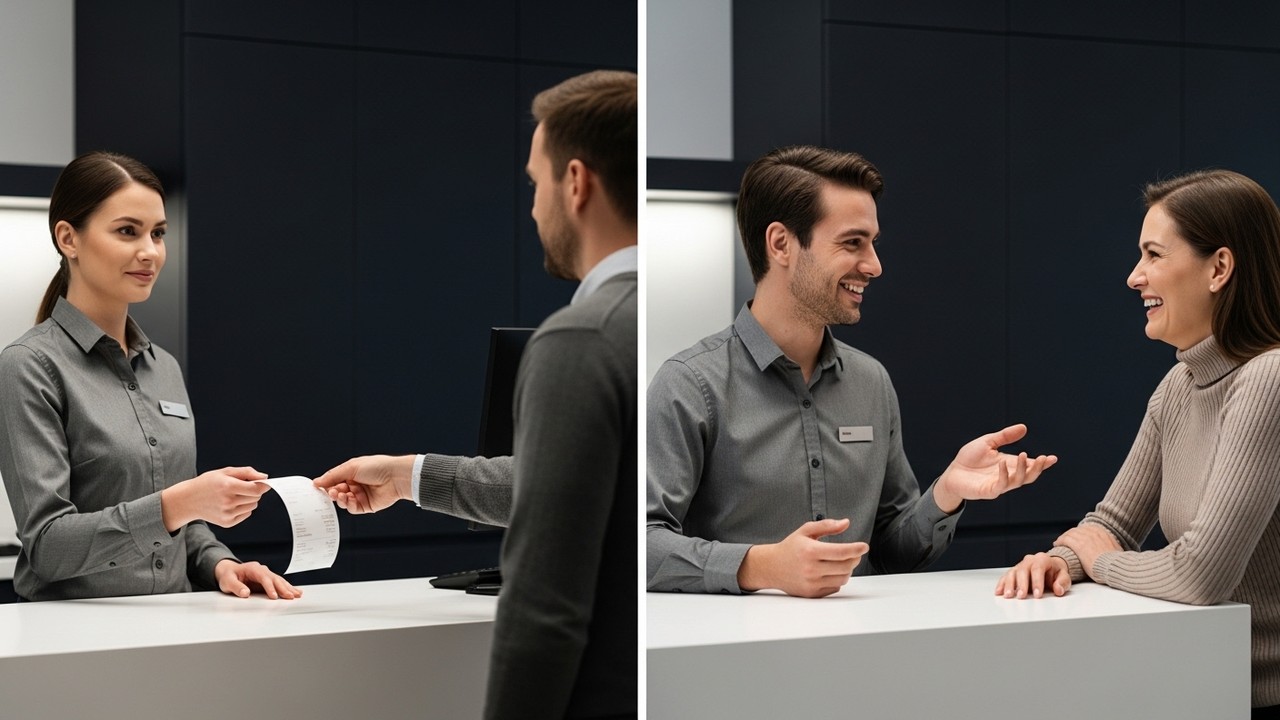 Staff member interacting differently with a first-time customer versus a loyal returning customer in a service setting