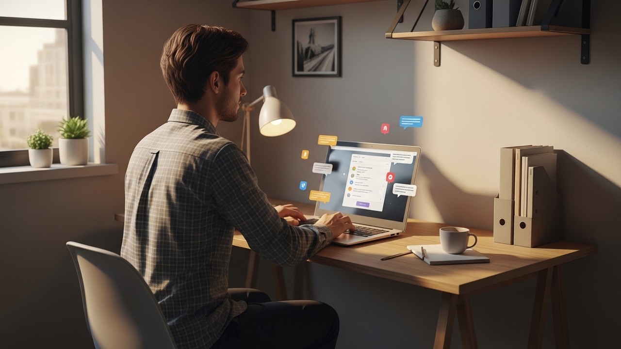 Small business owner using automated review request software on laptop at a tidy desk