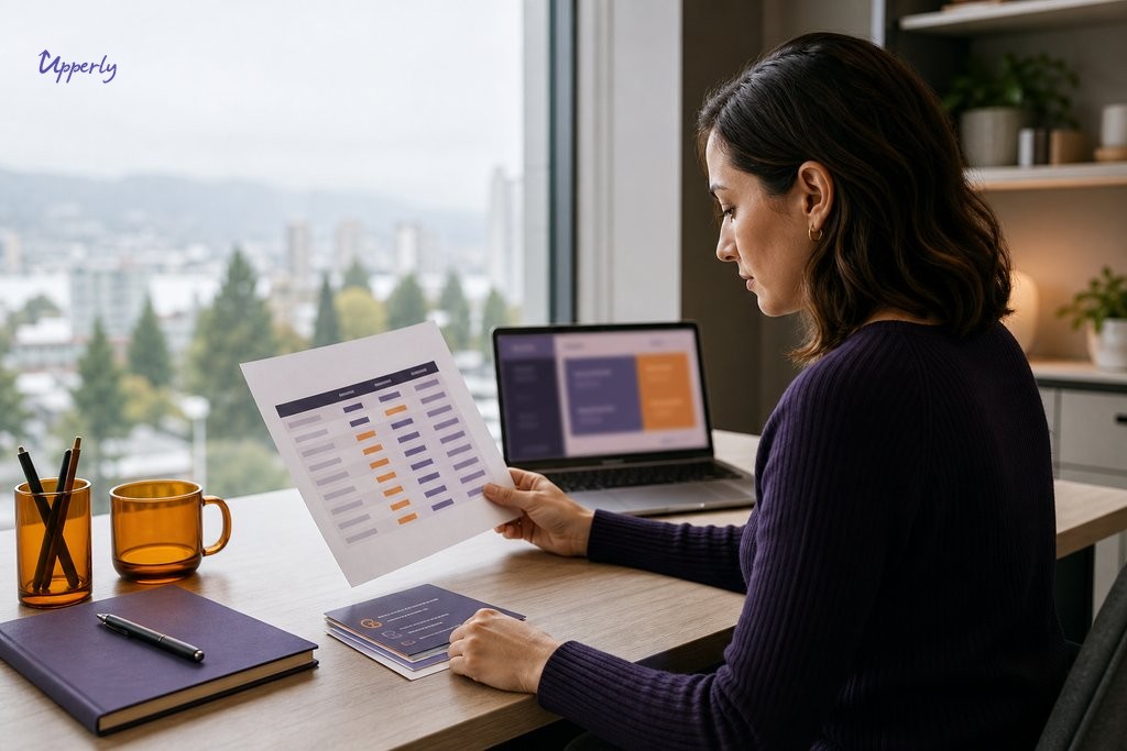Marketing professional comparing review management software features at a modern desk with blurred screen