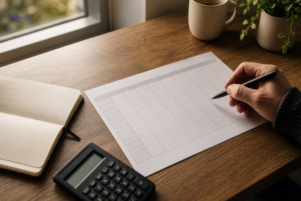Hand modelling annual subscription costs on a planning grid, review software pricing comparison exercise