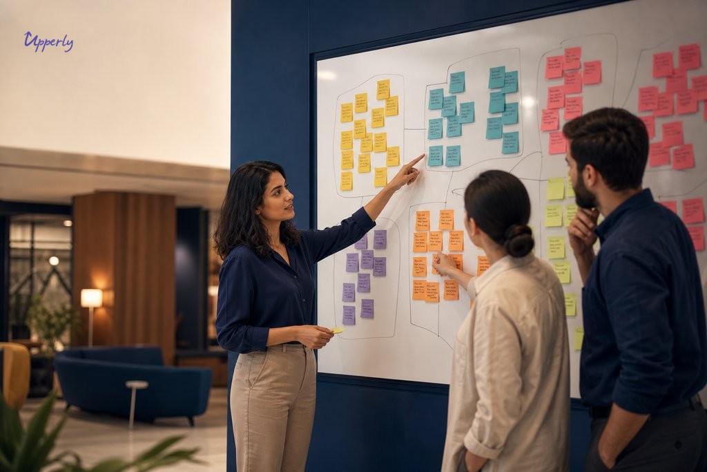 Customer experience manager mapping complaint patterns on a clustered sticky note board with team members