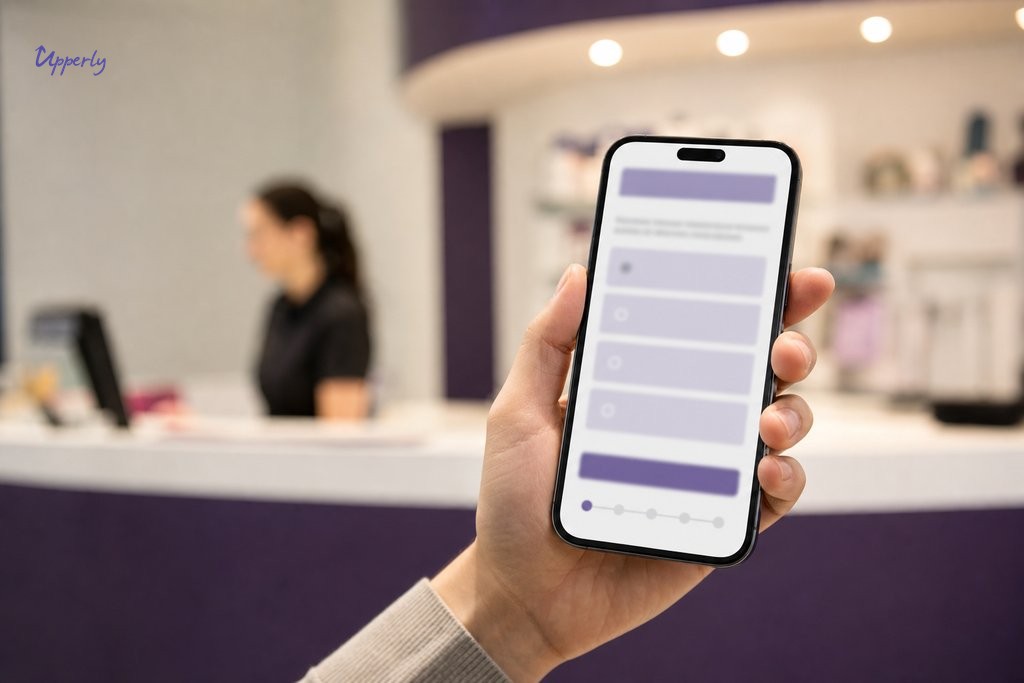 Customer holding smartphone completing an automated post-interaction feedback survey in a service environment