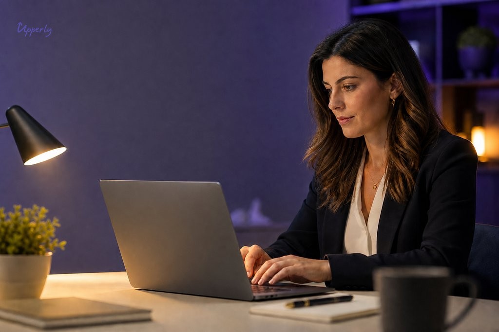 Customer experience manager reviewing a structured complaint follow-up workflow sequence on a laptop at a modern desk