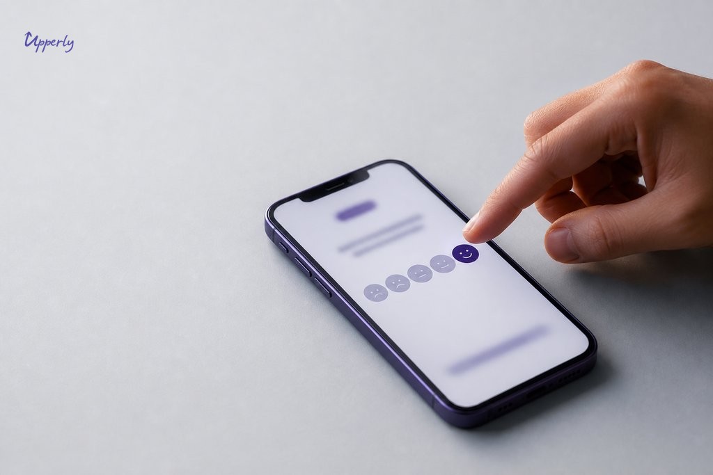 Close-up of a hand about to respond to an NPS customer satisfaction survey on a smartphone screen