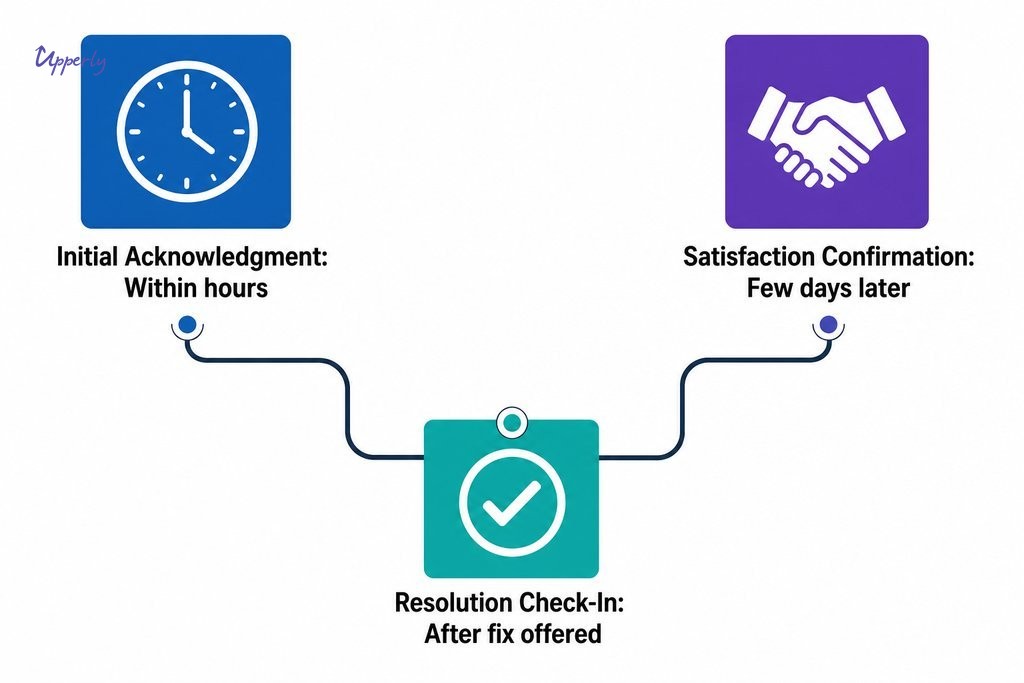 Three follow-up touchpoints to prevent negative reviews: acknowledge within hours, check resolution, then confirm satisfactio