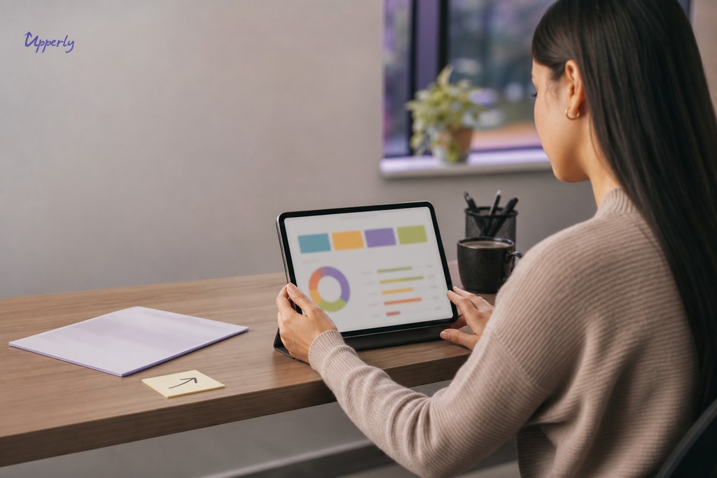 Marketing professional reviewing NPS survey feedback data on a tablet in a modern Vancouver office