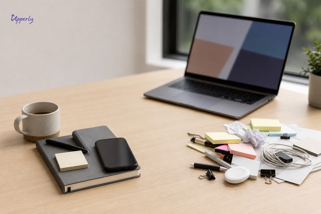 Flat-lay desk comparison showing prioritised versus deprioritised review software features for marketing teams