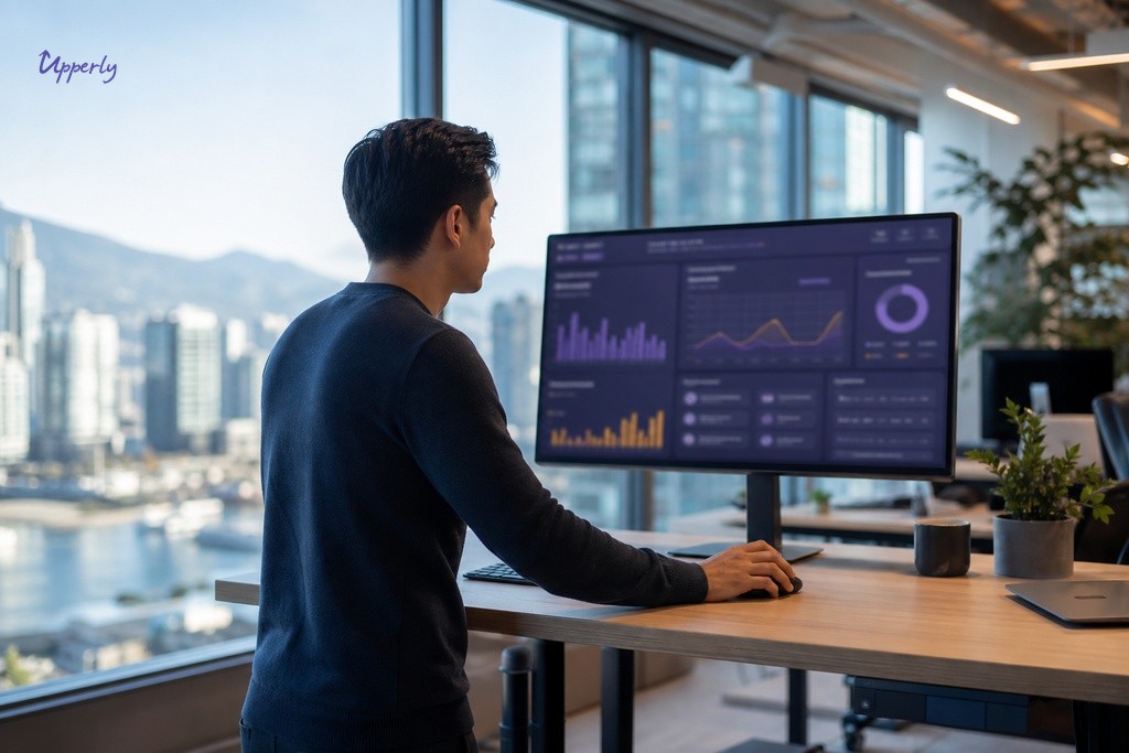 Marketing professional reviewing weekly review dashboard metrics on a widescreen monitor in a modern office