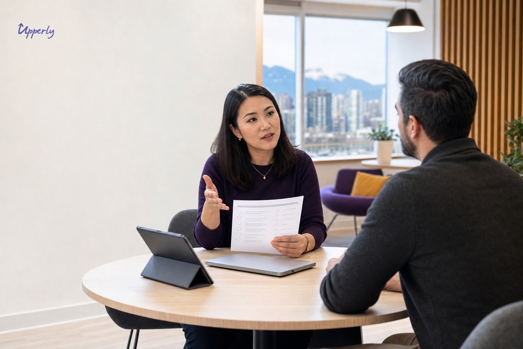 Two marketing professionals evaluating a review analytics platform vendor checklist during a pre-commitment review meeting