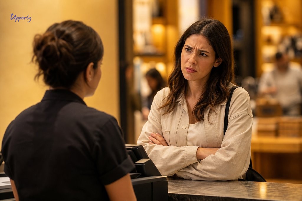 Frustrated customer at service counter during a tense staff interaction in a warm-lit retail environment