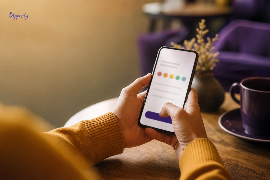 Customer submitting private feedback on smartphone at cafe table, automated review collection moment