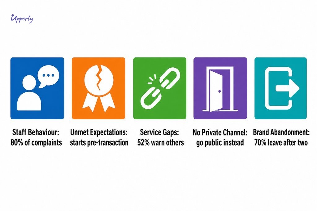 Five reasons customers leave negative reviews and how businesses can close service gaps before complaints go public.