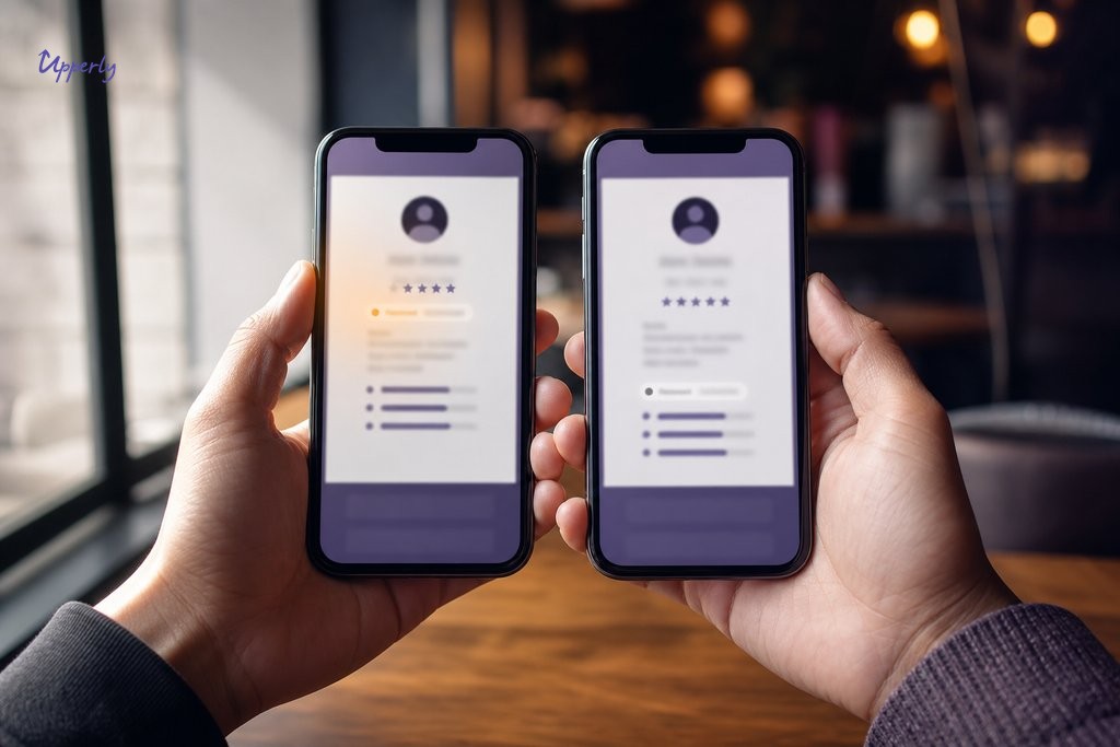 Two smartphones side by side showing blurred business review profiles with contrasting recent and outdated activity indicators