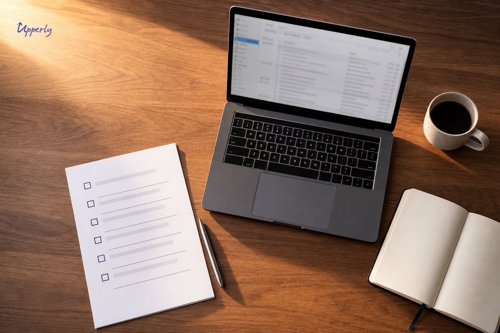 Overhead flat-lay of a desk with a laptop showing a blurred email interface, notebook, and document suggesting a review collection workflow