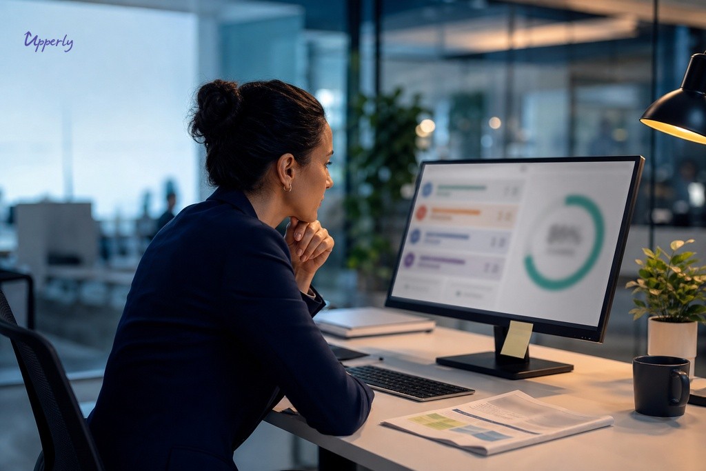 Customer experience manager reviewing NPS score and customer history in CRM to identify retention risk