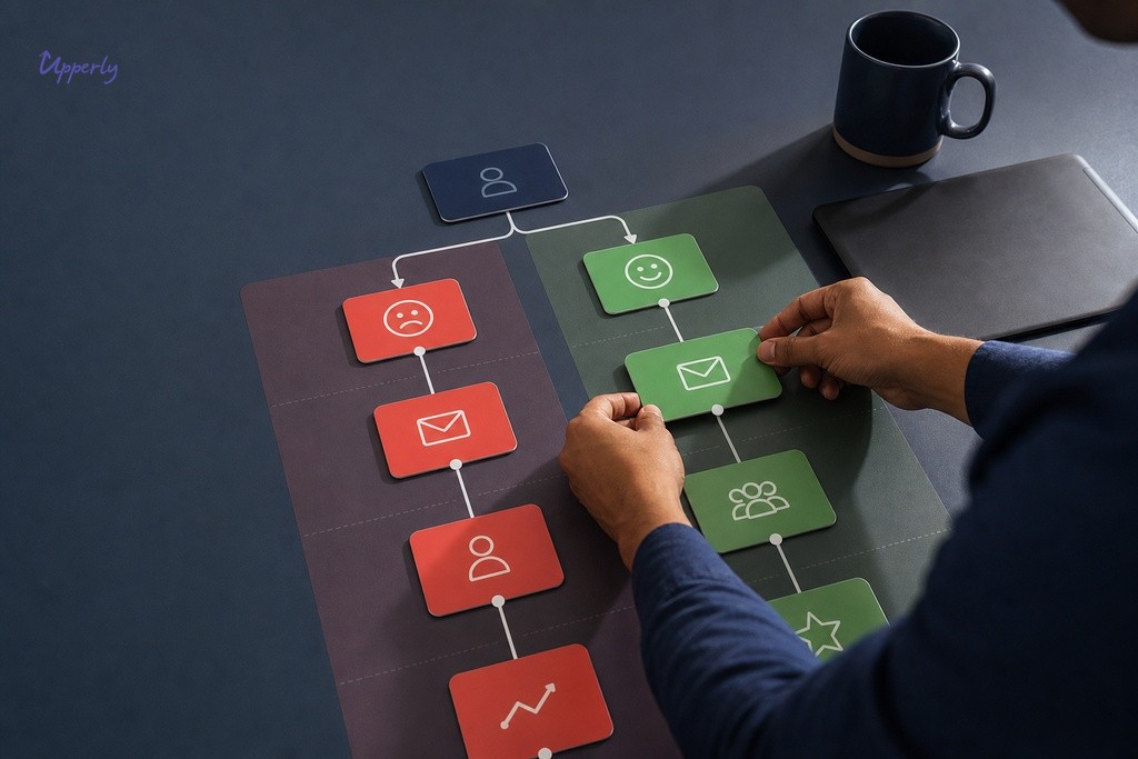 CRM workflow routing cards showing detractor and promoter NPS trigger paths arranged on a work desk