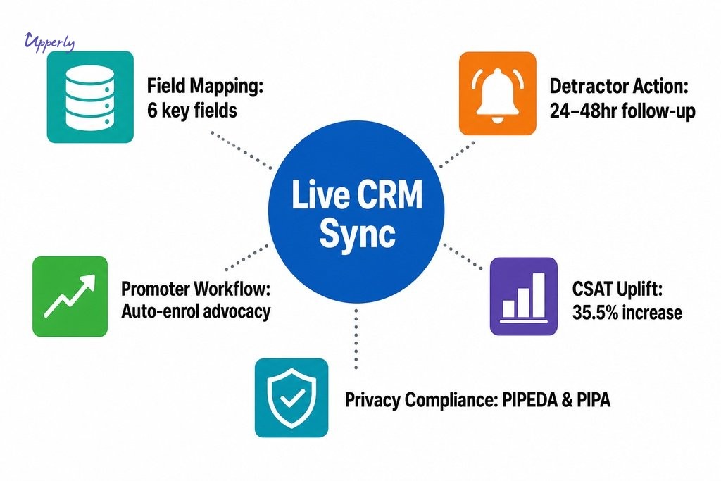Infographic showing how CRM integration connects NPS feedback to retention outcomes via field mapping, workflows, and privacy