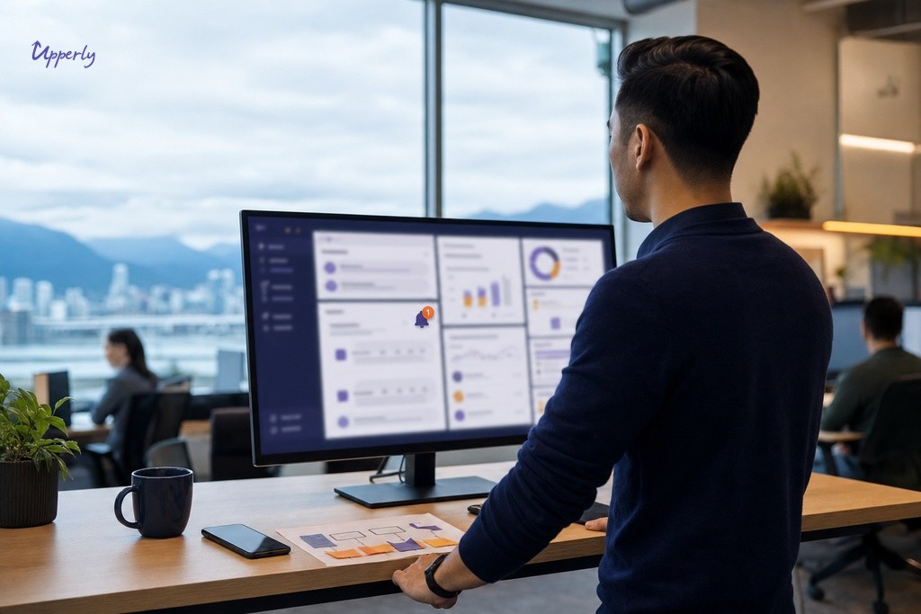 CX manager at desk watching NPS response data flow into CRM in real time, Vancouver office