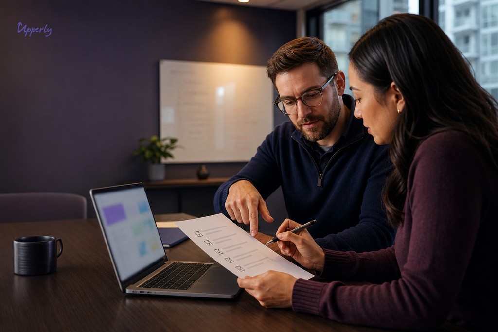 CX manager and RevOps specialist evaluating NPS integration checklist together at office table
