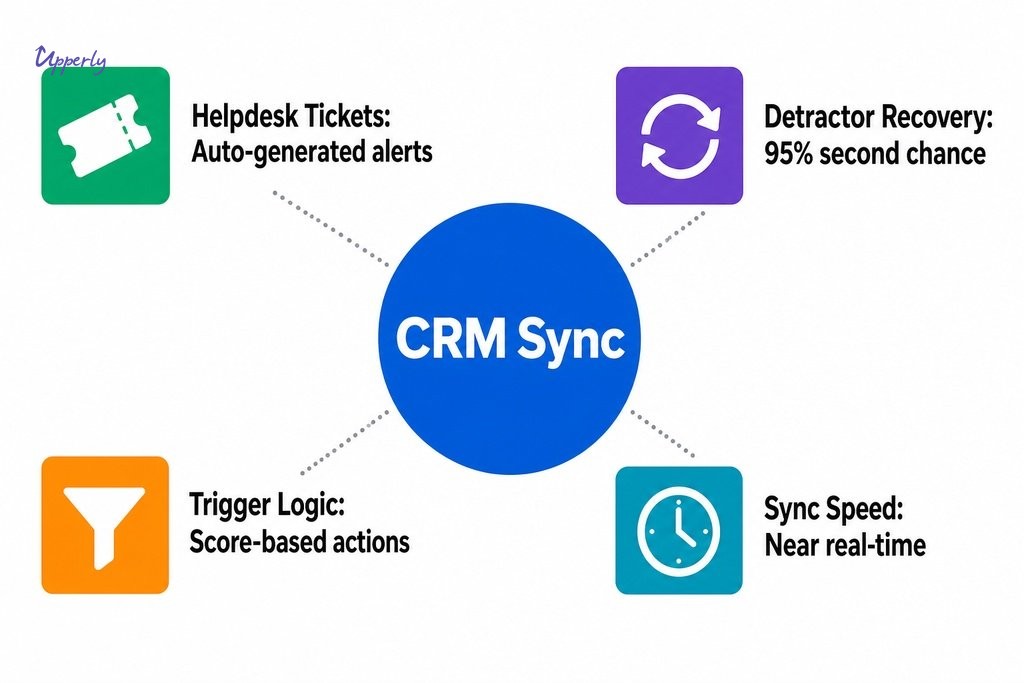 How NPS data integrates with CRM, helpdesk, and workflows, with 95% of detractors open to recovery when responded to promptly