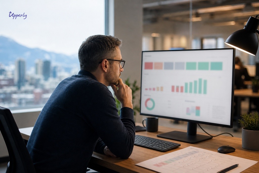 CX manager reviewing NPS software buying criteria on a blurred analytics dashboard in a Vancouver office