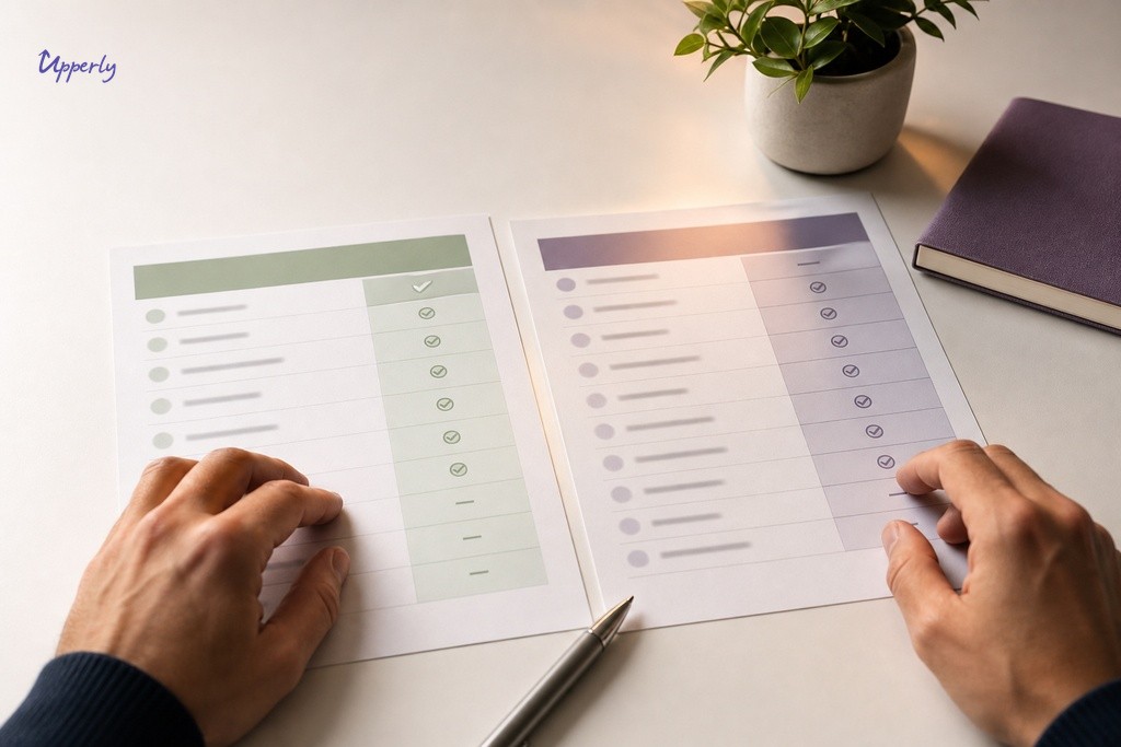 Hands comparing pay-as-you-go versus annual NPS software pricing documents on a clean office desk