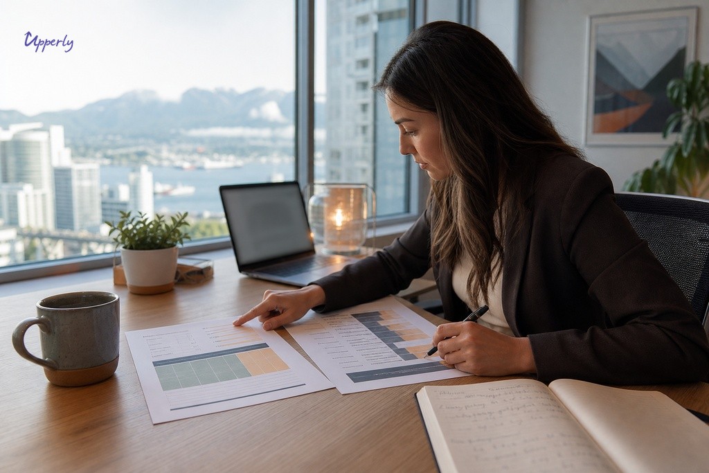 Marketing professional comparing review software subscription vs pay-as-you-go pricing contracts at a Vancouver office desk.