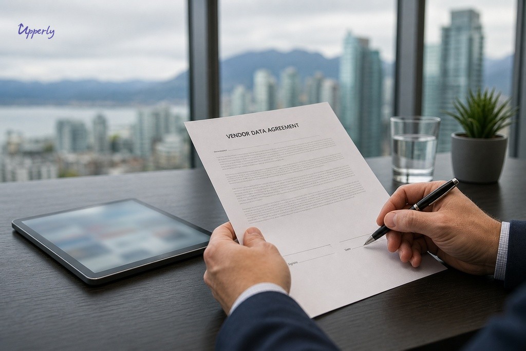 Business owner carefully reviewing a vendor data ownership and privacy agreement before signing, Vancouver office setting.