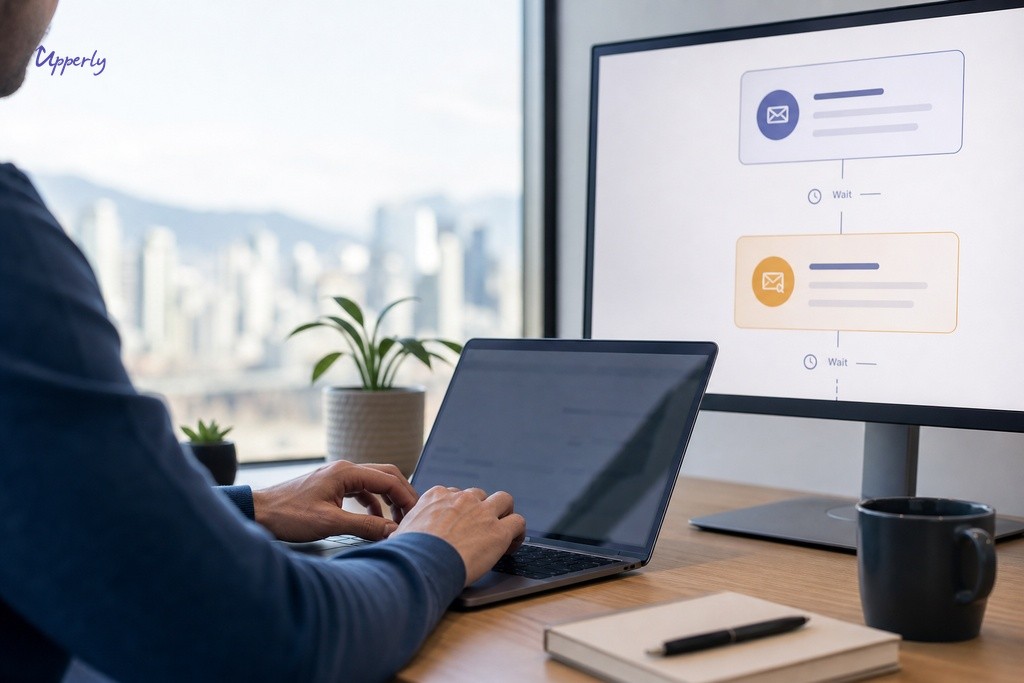 Marketer configuring a two-step email review reminder sequence on a laptop with abstract workflow on side monitor