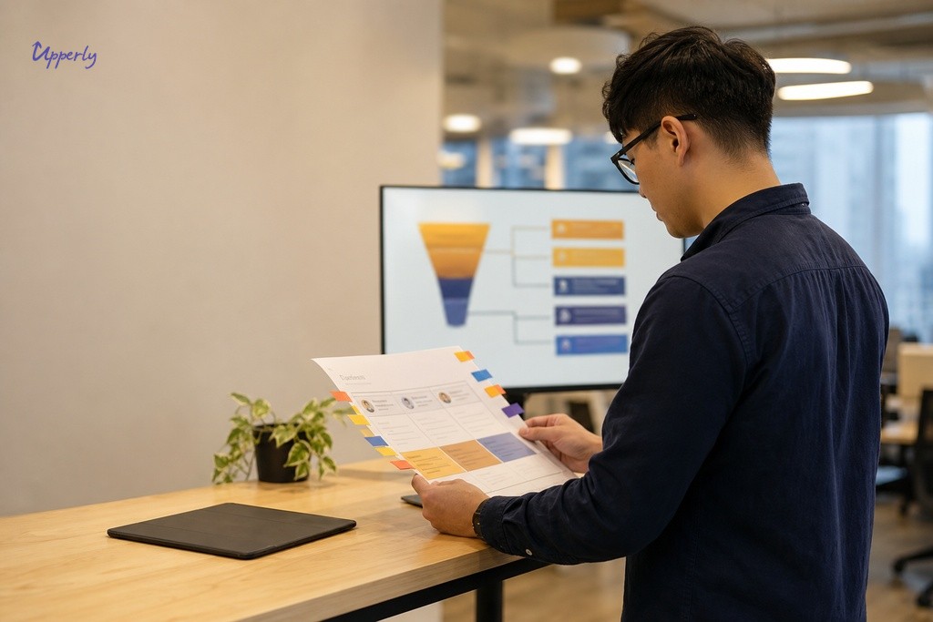 Marketer sorting customer segments with colour-coded tabs while abstract NPS funnel displays on background monitor